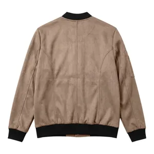 Brown suede bomber jacket detail view, minimalist vintage flight jacket with black ribbed trim.