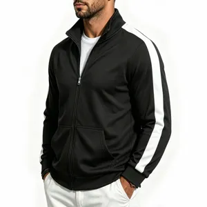 Men's black track jacket with white side stripes, stand collar and full zip casual outerwear.
