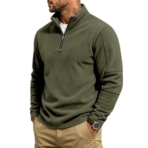 Men's olive green quarter-zip fleece sweatshirt casual stand collar long sleeve pullover top