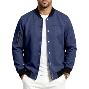 Men vintage faux suede bomber jacket casual long sleeve baseball coat main image.