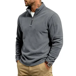 Men's grey stand-up collar half-zip fleece pullover, casual long sleeve winter outerwear.
