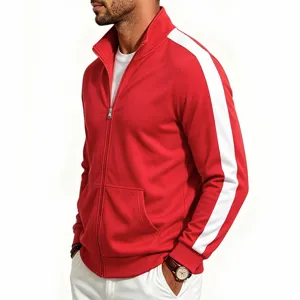 Red men's zip-up track jacket with white side stripes and stand collar, casual sporty style.