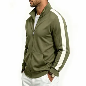 Men's green stand collar zip-up track jacket with white contrast stripes, casual daily wear.