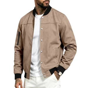Men's khaki suede bomber jacket casual baseball coat with snap buttons and zip sleeve pocket.