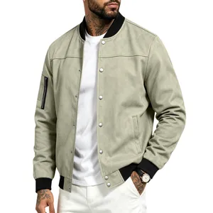 Men's suede bomber jacket vintage casual outerwear with metal snaps and ribbed trim.