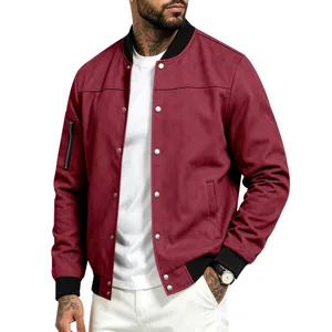 Men's retro suede bomber jacket in burgundy, casual streetwear outerwear with snap buttons.