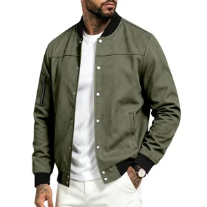 Men's olive green suede bomber jacket, stylish vintage American casual outerwear with snap buttons.