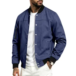 Men's blue suede bomber jacket, vintage casual MA1 flight jacket with snap buttons and cuffs.