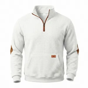 Men's half-zip waffle pullover sweatshirt featuring contrast brown elbow patches and trim.