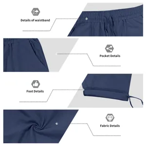 Close-up details of mens casual linen pants, showing waistband, pockets, and texture.