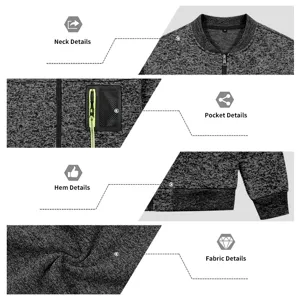 Detailed views of men's knit jacket showcasing collar, zipper pocket, hem, and fabric.