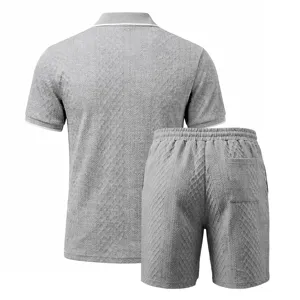 Men's Summer Jacquard Textured Short Sleeve Polo Shirt And Matching Shorts Set Grey Detail