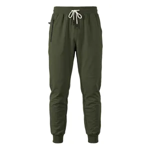 Vista dettagliata di pantaloni della tuta da uomo in felpa verde oliva con tasca con zip.