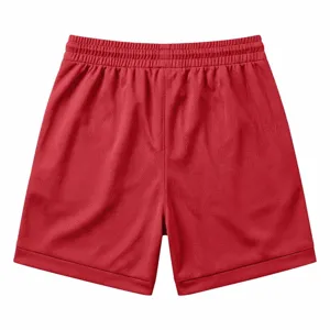 Red athletic mesh shorts detail view, breathable fabric and elastic waistband design.