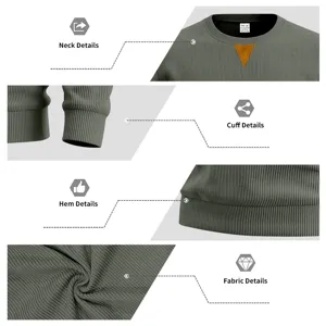 Close up view of the ribbed knit crewneck collar, cuffs, and soft fabric details here.