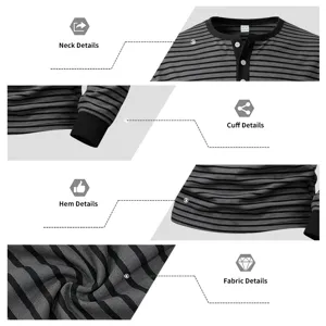 Vue détaillée du t-shirt Henley à manches longues rayé pour homme avec col et poignets.