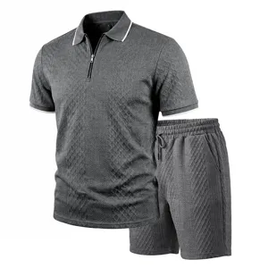 Men summer dark grey textured polo shirt shorts set zipper casual short sleeve outfit