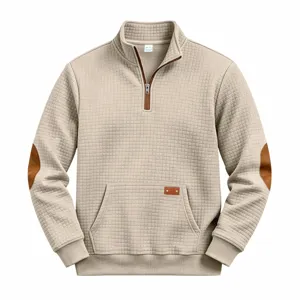 Men vintage quarter zip waffle sweatshirt retro casual stand collar pullover with pocket tan