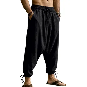 Men's casual linen harem pants with drawstring elastic waist and stylish drop crotch design.