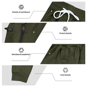 Vista di dettaglio pantaloni tuta uomo con vita elastica, tasca con zip e polsini comodi.