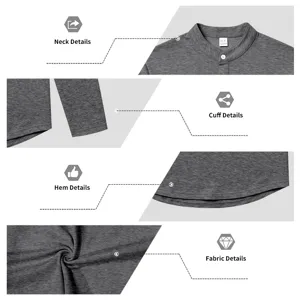 Detailansicht der grauen Herren Langarm Henley-Shirt Kragen Bündchen und Stofftextur.