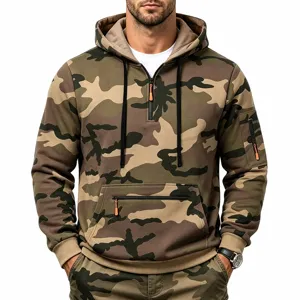 Men's stylish camouflage half-zip tactical hoodie multi-pocket fleece sweatshirt
