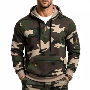 Men's European size camo fleece hoodie with 1/4 zip and multi pockets front main view