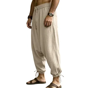 Men casual cotton linen harem pants close up view showing drawstring and elastic ankle cuffs.