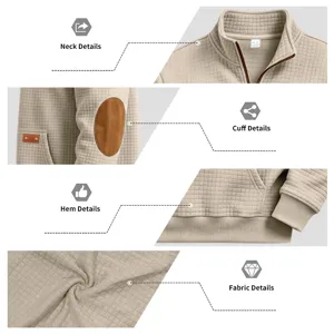 Mens waffle knit quarter zip pullover sweatshirt featuring elbow patch casual long sleeve top.