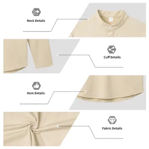 Detailansicht des lässigen Herren Langarmshirts mit Stehkragen, feiner Stoff und Saum.