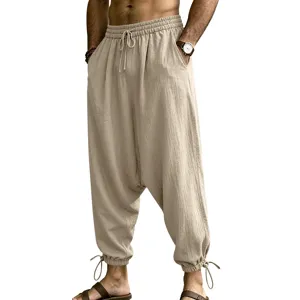 Mens casual linen harem pants streetwear loose fit drawstring jogger trousers khaki.