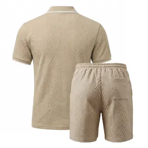Men summer jacquard knit polo shirt shorts set khaki casual two piece outfit casual