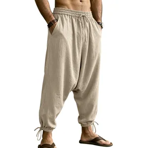 Mens Casual Linen Harem Pants Loose Drop Crotch Joggers with Drawstring and Cuffs