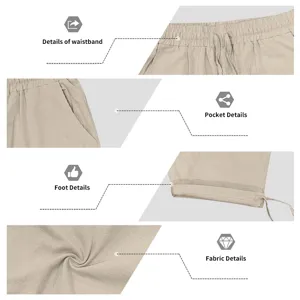Men's casual linen harem pants detail view showing elastic waistband, pockets, and breathable fabric.