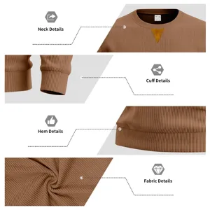Men's American vintage casual crewneck ribbed long sleeve sweatshirt brown detail view