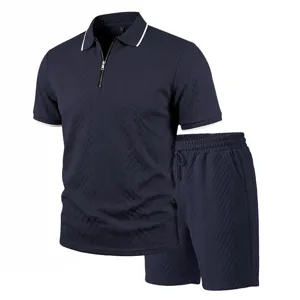 Men's navy blue short sleeve zip polo shirt and matching shorts jacquard knit casual set.