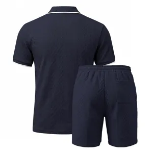 Back detail view of men's navy blue jacquard textured polo and shorts set with white trim.