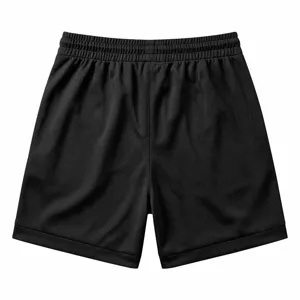 Detailed view of the black breathable mesh athletic shorts fabric and elastic waistband.
