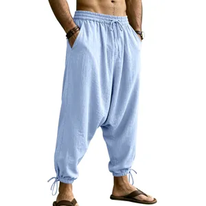 Men's casual linen harem pants with elastic drawstring waist, side pockets, and cuffed ankles.