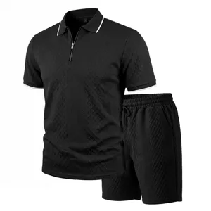 Men's summer casual jacquard polo shirt and shorts set with zipper collar and contrast trim.