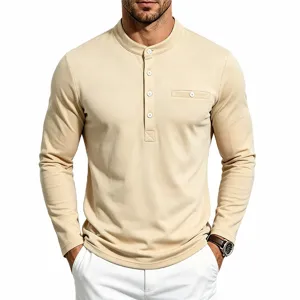 Heren casual lange mouw Henley shirt effen kleur los comfortabele herfst top mode strak