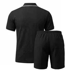 Men black jacquard textured short sleeve polo shirt and shorts casual summer set back view