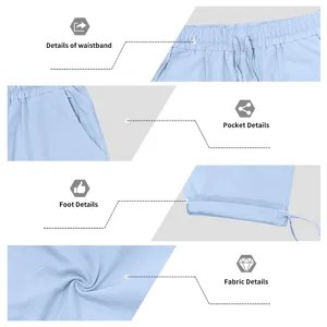 Mens light blue linen casual pants detail view featuring adjustable waistband and pockets.