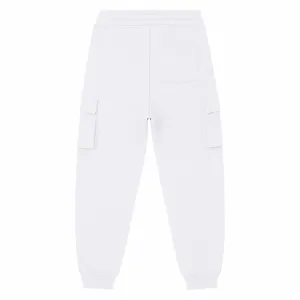 Pantaloni cargo bianchi felpati da uomo con comoda vita elastica e tasche laterali. Dettaglio.