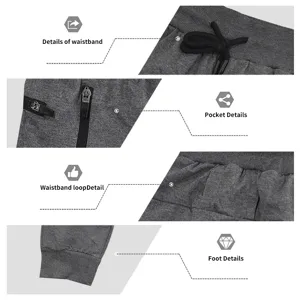 Vista dettagliata ravvicinata dei pantaloni della tuta grigio scuro con tasche e cintura.