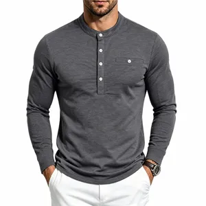 Heren casual lang mouw Henley shirt met knopen en borstzak voor herfst dagelijks.