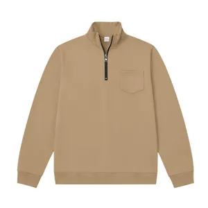 Sudadera informal de felpa para hombre con cuello alzado y media cremallera en caqui con bolsillo