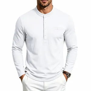 Heren casual effen kleur lang mouw Henley shirt met knoopsluiting en borstzak.