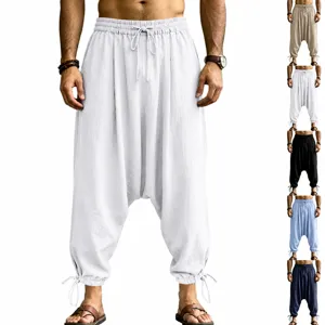 Men's Casual Linen Harem Pants Streetwear Hip Hop Loose Fit Drawstring Tapered Multi-Pocket Casual Long Pants