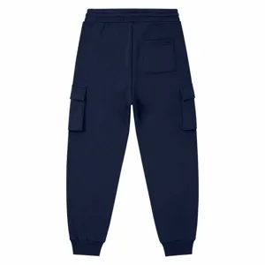 Pantaloni della tuta cargo blu scuro da uomo dettaglio posteriore con tasche ed elastico.